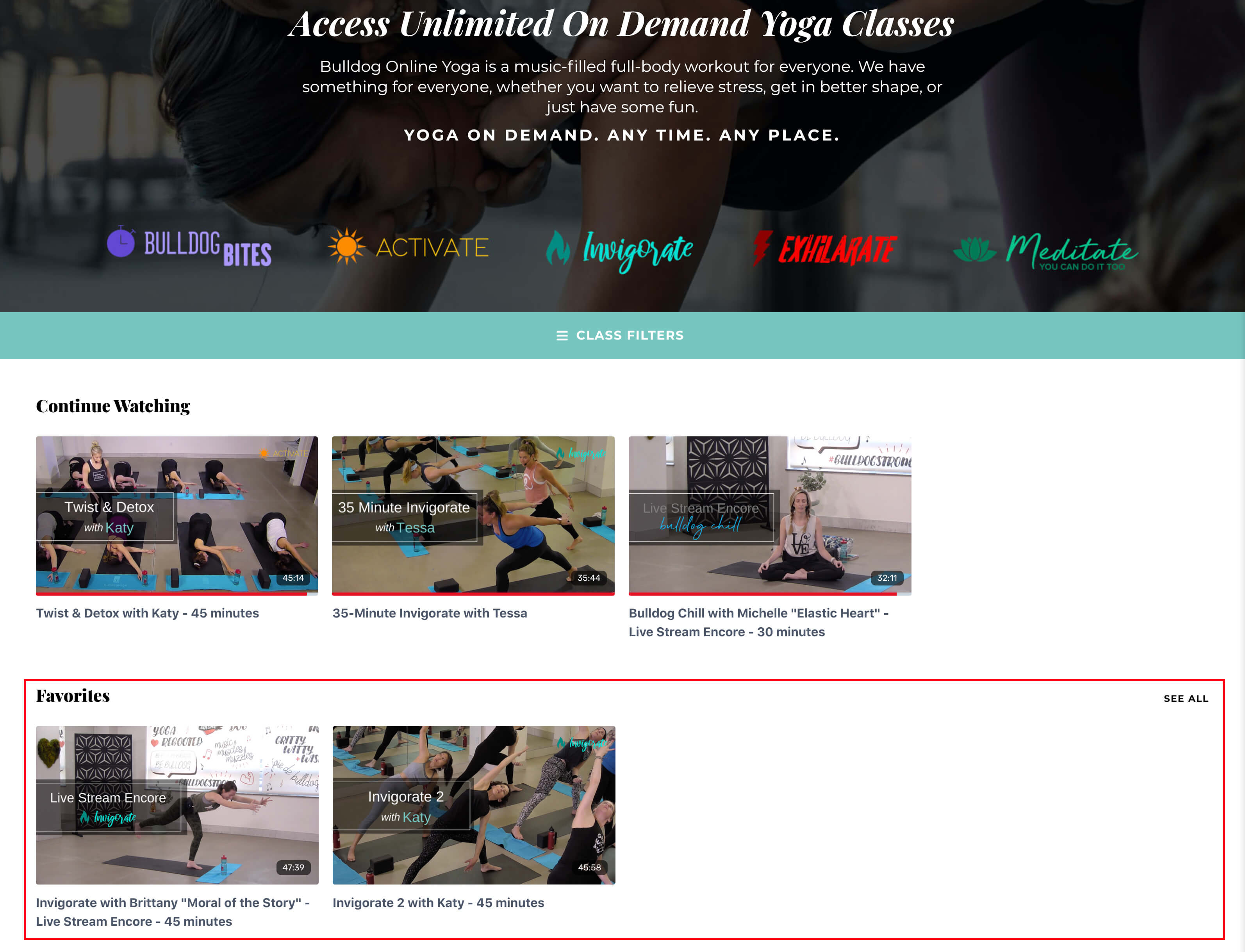 Example of the Bulldog online yoga classes library